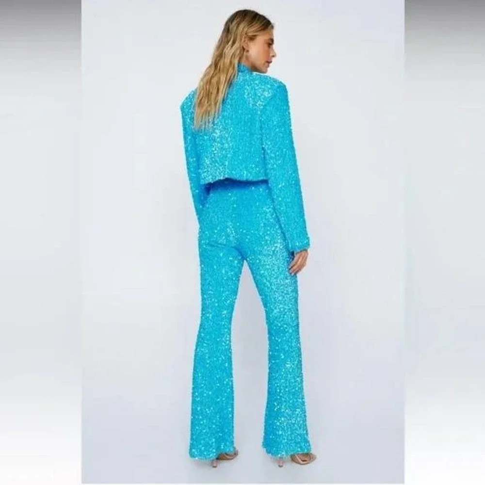 Nasty Gal $326 Size 6 Teal Blue Sequin Two Piece Set Cropped Blazer Flare Pants - Picture 2 of 16